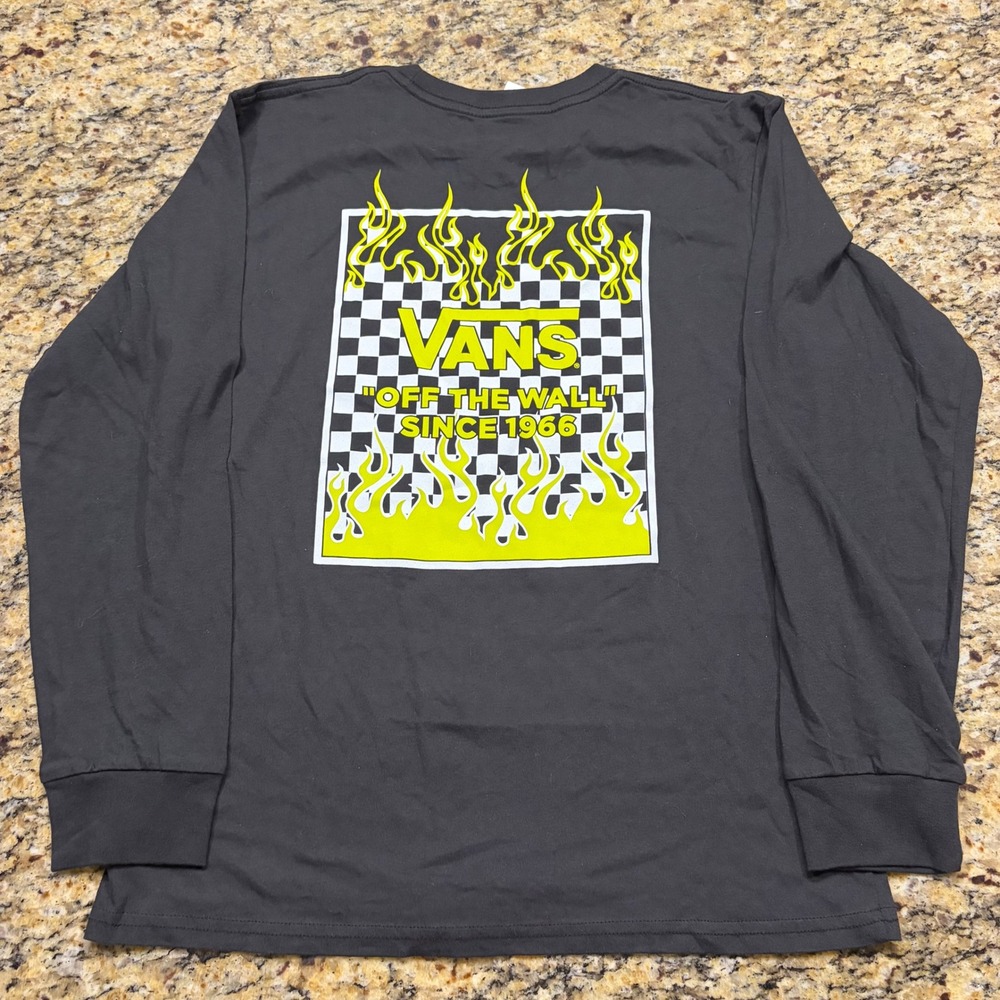 NWT Vans Boys XL Long Sleeve Shirt Black Flame Checkerboard Off The Wall ws